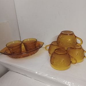 7pc Vintage Tiara India Amber Glass Cup and Oval Serving Dish Lot, Replacements